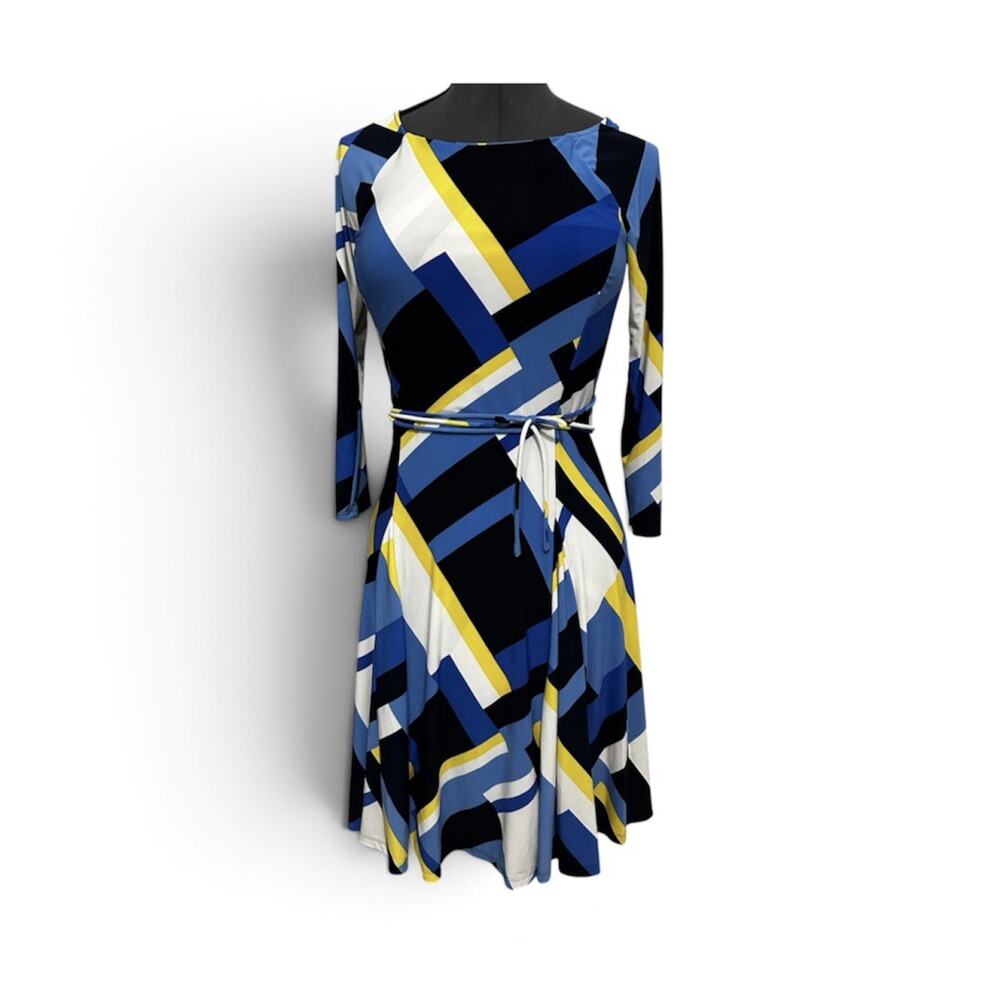 Lauren Ralph Lauren Medium Jersey Dress Blue Yellow Geometric Belted Stretch